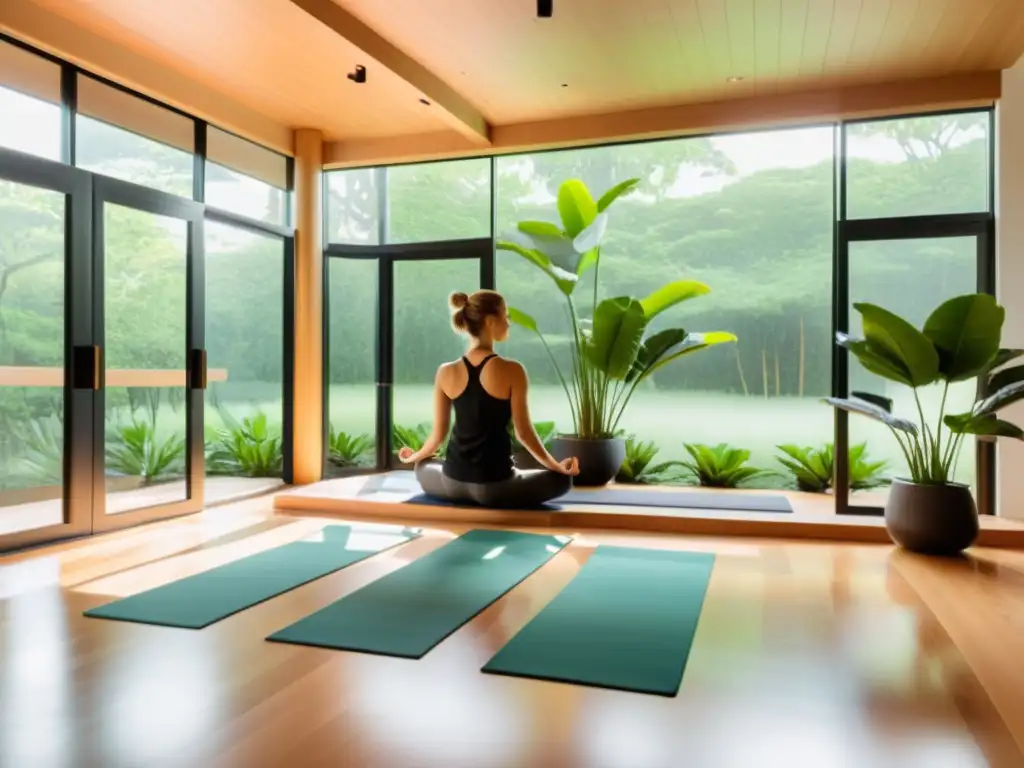 Estudio de yoga sereno con vistas al jardín Un estudio de yoga moderno y sereno con luz natural y vista a un jardín tranquilo
