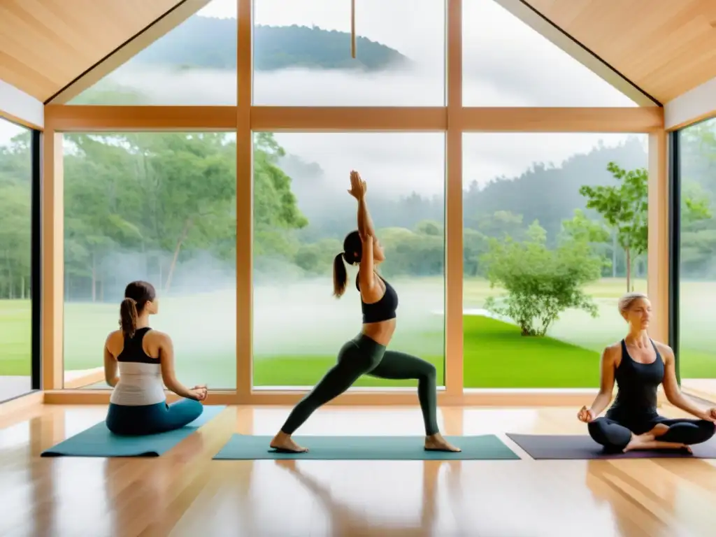 Un estudio de yoga moderno y sereno con vista a un paisaje verde