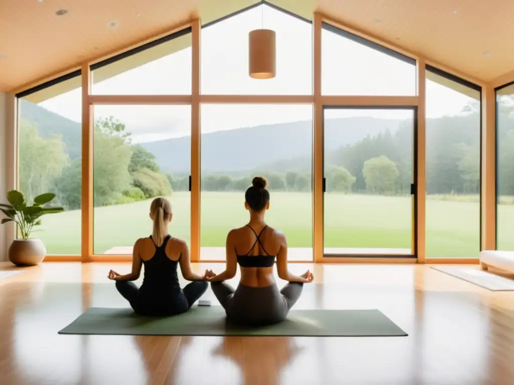 Estudio de yoga sereno con vista panorámica Estudio de yoga moderno con vistas a un paisaje sereno