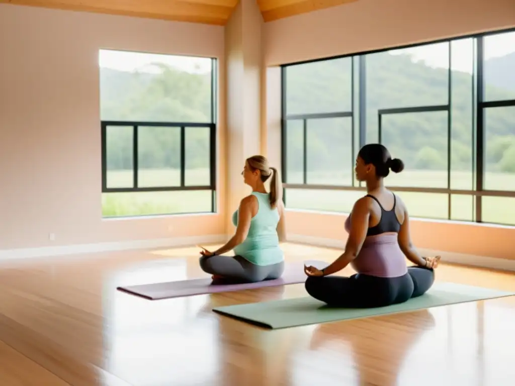 Estudio de yoga prenatal: serenidad y apoyo para futuras madres 'Estudio de yoga prenatal para fortalecer inmunidad con mujeres embarazadas practicando suavemente en un entorno sereno y lleno de luz natural