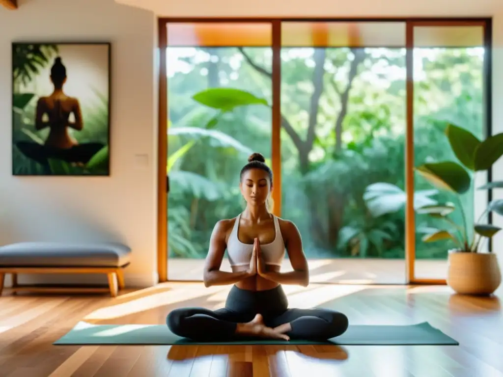 Serena práctica de yoga en ambiente natural Un estudio de yoga sereno iluminado por la cálida luz natural