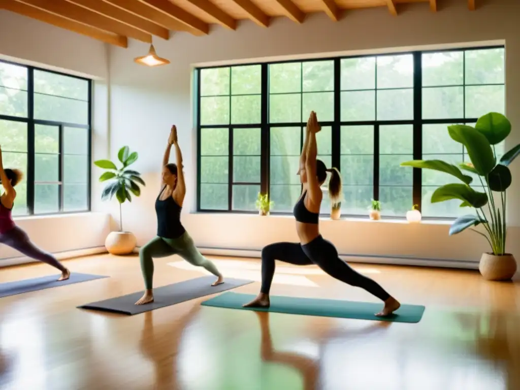 Un estudio de yoga sereno con luz natural y practicantes en posturas diversas, mejora sistema inmunológico con yoga