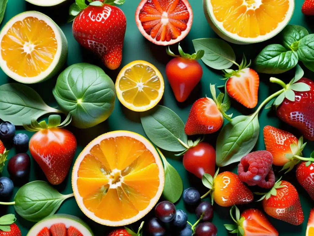 Arte Nutritivo: Frutas y Verduras Vibrantes Una exhibición artística de frutas y verduras frescas, vibrantes y detalladas, para una nutrición para sistema inmunológico invencible