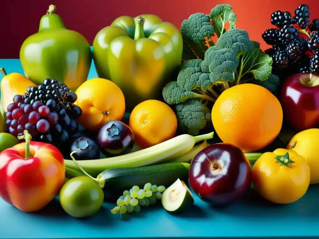 Exquisita exhibición de frutas y verduras frescas Una exhibición visualmente impresionante de frutas y verduras vibrantes, promoviendo una guía nutricional para un sistema inmunitario invencible