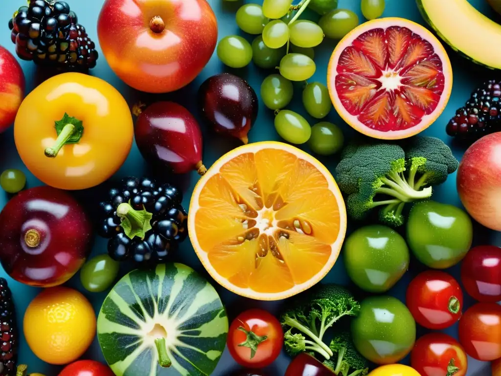 Exuberante exhibición de frutas y verduras Una exhibición impresionante de frutas y verduras coloridas, perfectamente dispuestas para resaltar su belleza natural