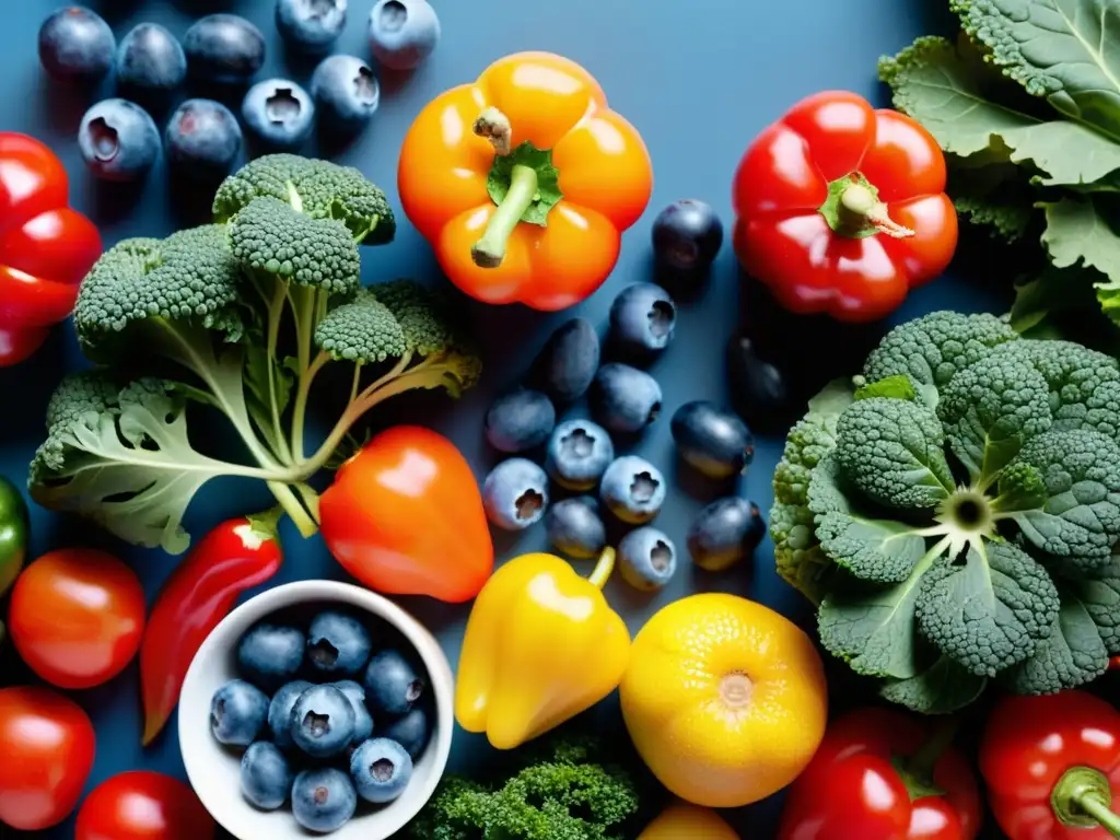 Vibrante exhibición antioxidante: Frutas y verduras en detalle Una exhibición impresionante de frutas y verduras ricas en antioxidantes, irradiando frescura y vitalidad