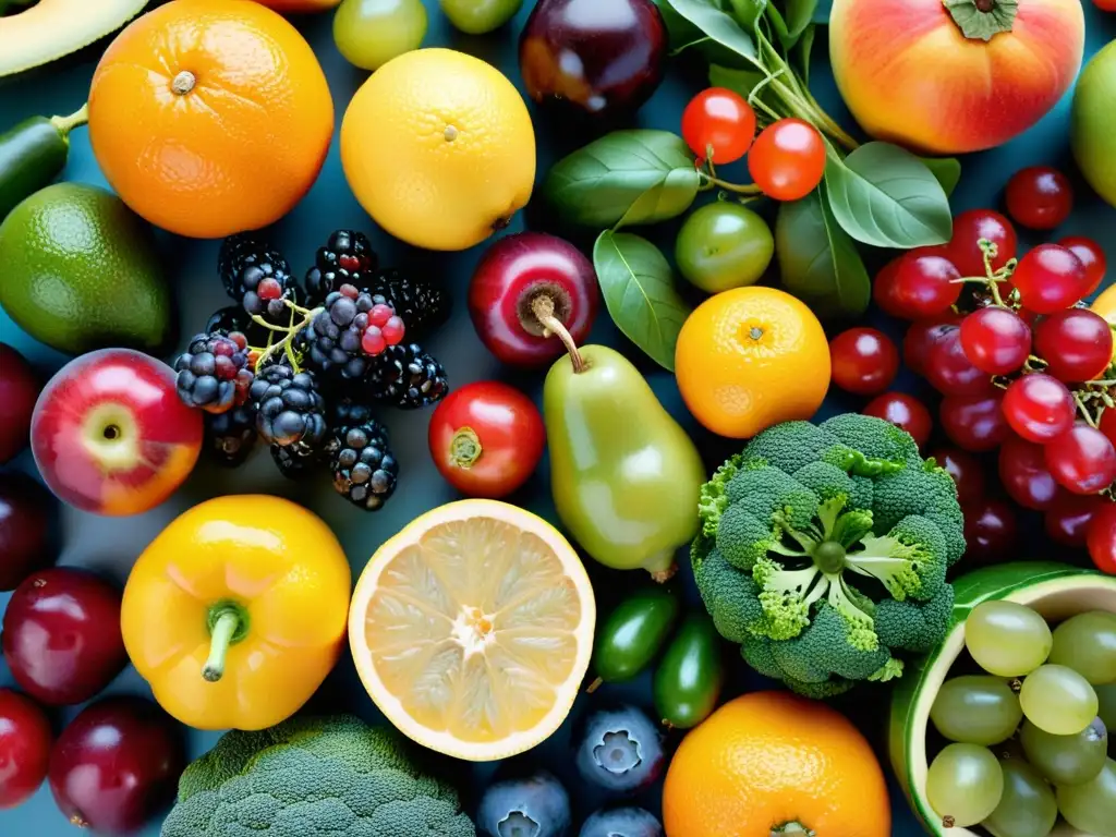 Exquisita exhibición de frutas y verduras frescas Una exhibición vibrante y apetitosa de frutas y verduras frescas, promoviendo una guía nutricional para un sistema inmunitario invencible
