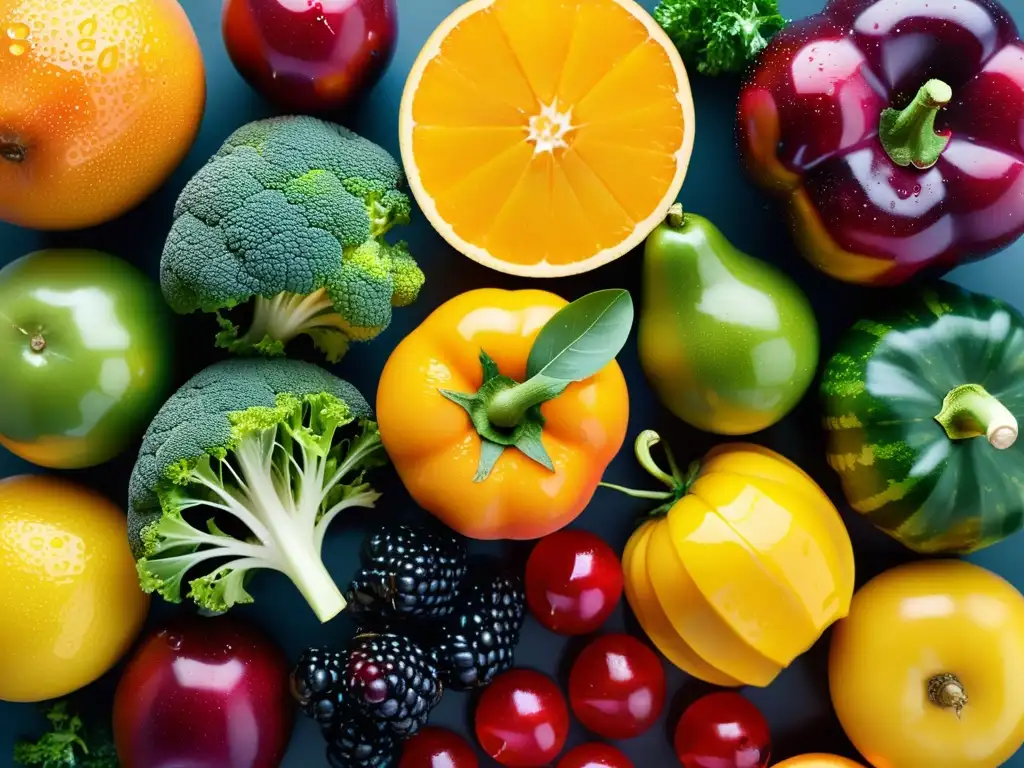 Rico y vibrante: Detox de frutas y verduras frescas Una exhibición vibrante de frutas y verduras orgánicas, resaltando beneficios de la desintoxicación alimentaria para el sistema inmunitario