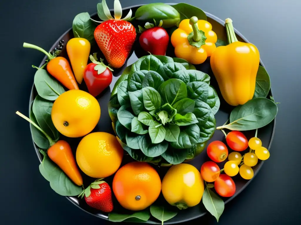 Una exhibición vibrante de frutas y verduras frescas en un patrón circular, resaltando los beneficios del selenio para sistema inmunológico