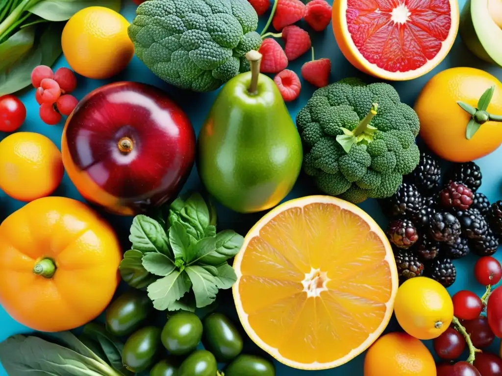 Una exhibición vibrante y moderna de frutas y verduras coloridas, resaltando alimentos para reforzar el sistema inmunológico