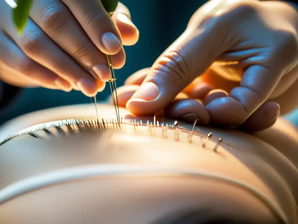 Acupuntura experta: precisión y cuidado en la clínica moderna Un experto acupuntor coloca con precisión agujas de acupuntura en un cuerpo, destacando profesionalismo y cuidado