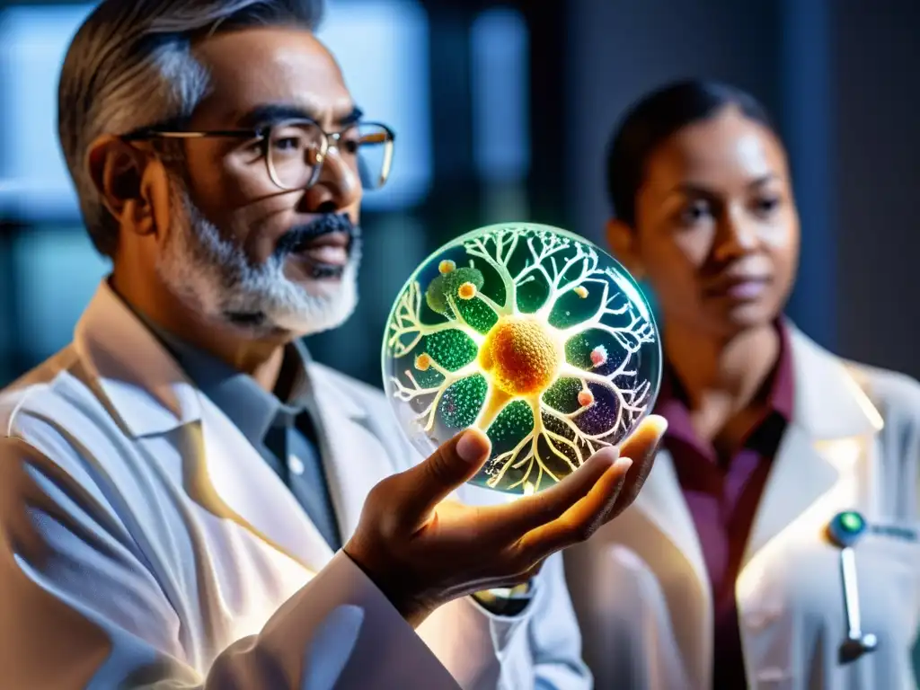 Un experto médico muestra el sistema inmunológico a un grupo en un entorno educativo moderno