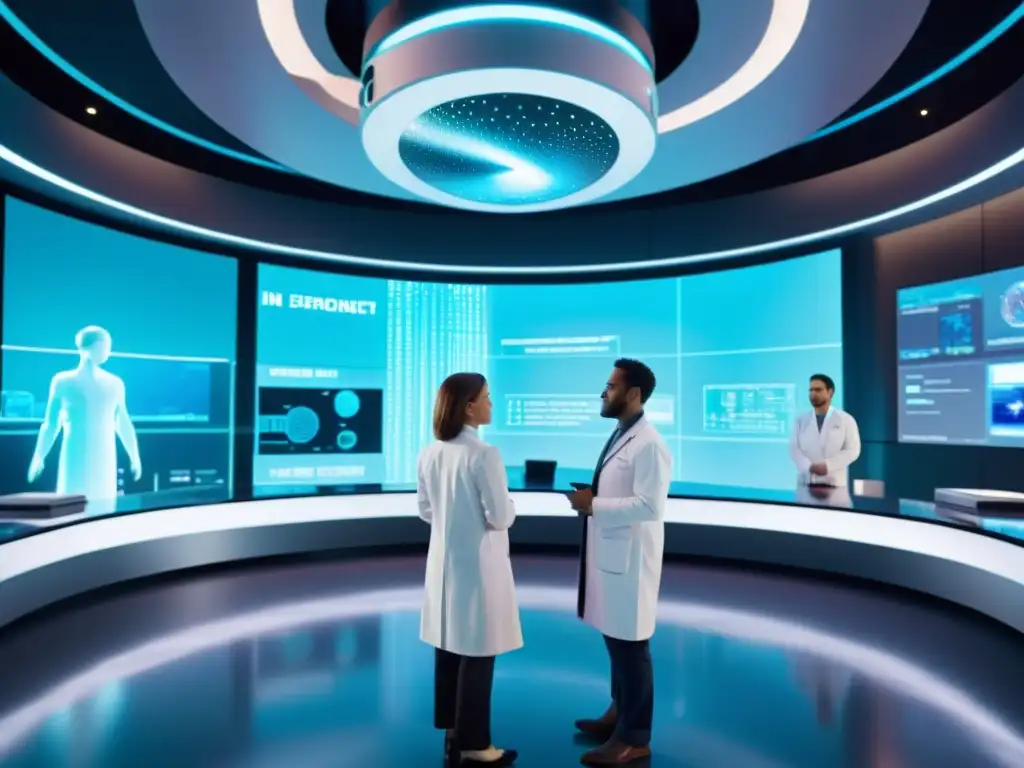Centro Médico Futurista: Profesionales Analizan 'In Defense of Self' Expertos en bata blanca discuten 'In Defense of Self' ante holograma del sistema inmunológico humano en futurista centro médico