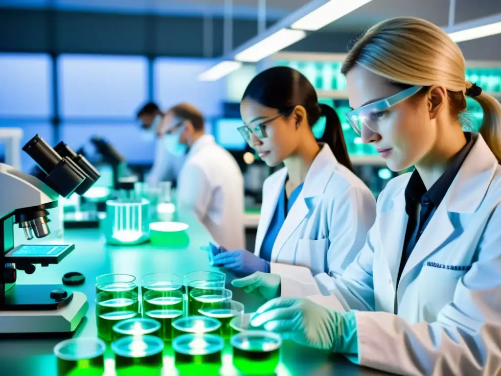 Avanzada investigación en probióticos y salud inmunológica Expertos en laboratorio examinan probióticos bajo microscopio, destacando beneficios para sistema inmunológico
