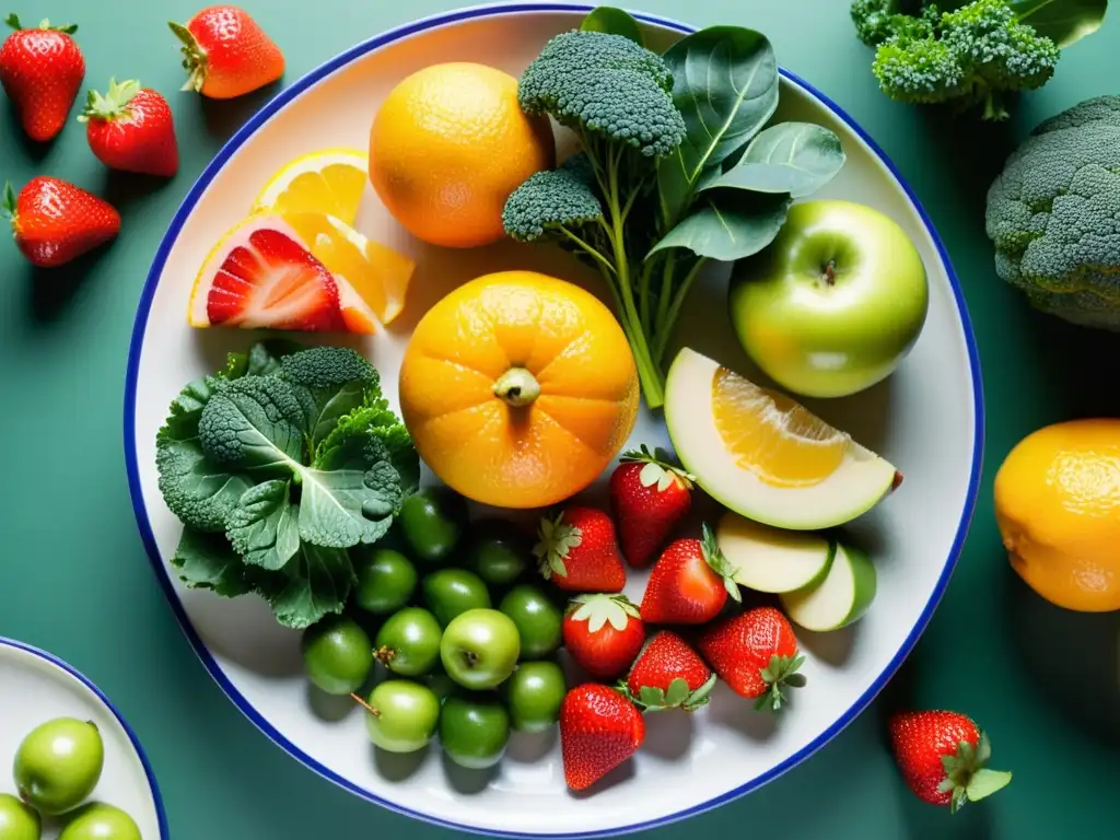 Plato saludable repleto de frutas y verduras frescas Una explosión de colores y frescura en un plato de frutas y verduras, resaltando la importancia del seguro de salud para sistema inmunológico