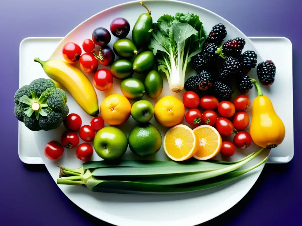 Exuberante variedad de frutas y verduras en plato blanco Una explosión de colores en frutas y verduras frescas, sobre un elegante plato blanco