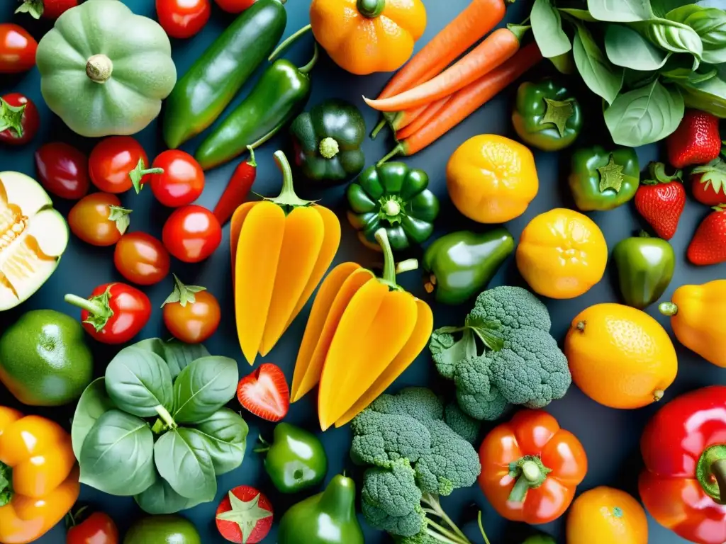Exquisita variedad de frutas y verduras: frescura y vitalidad Una explosión de colores y texturas en frutas y verduras, transmitiendo vitalidad y salud con vitaminas para fortalecer el sistema inmunológico