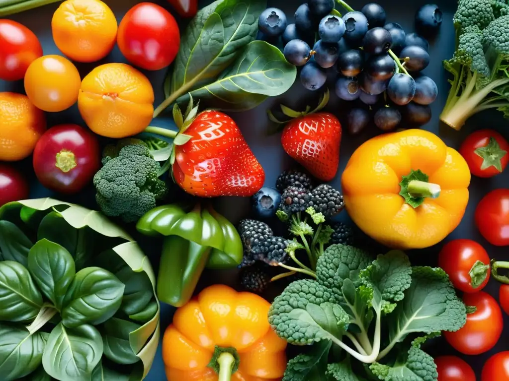Exquisita variedad de frutas y verduras frescas en detalle Un explosión de colores y texturas en frutas y verduras frescas