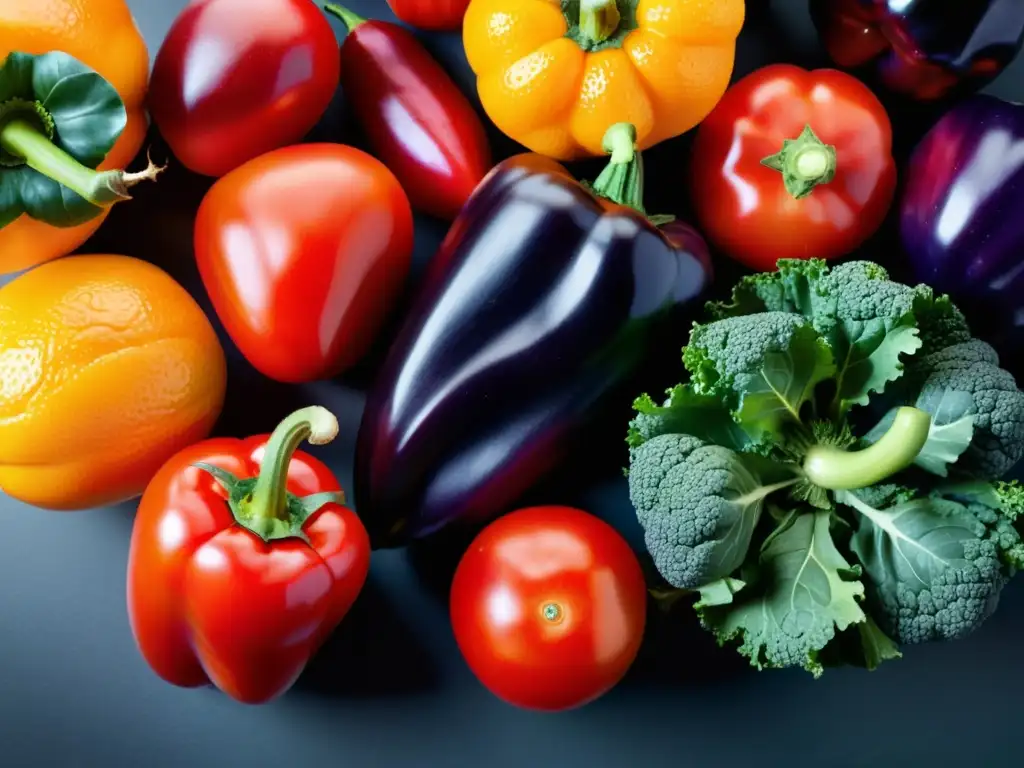 Exuberante variedad de frutas y verduras frescas Una explosión de colores y texturas de frutas y verduras frescas, promoviendo una dieta antiinflamatoria para fortalecer el sistema inmunológico