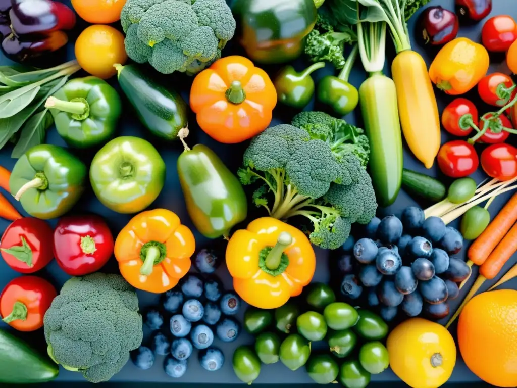 Exquisita exhibición de frutas y verduras frescas y coloridas Una explosión de colores y texturas en una variedad de frutas y verduras frescas, que fortalecen el sistema inmunológico