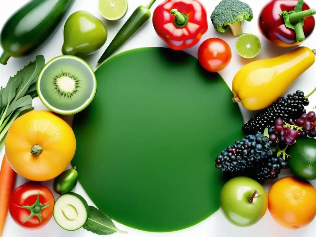 Exquisita variedad de frutas y verduras frescas Una explosión de colores y vida en una variedad de frutas y verduras frescas, listas para fortalecer el sistema inmunológico