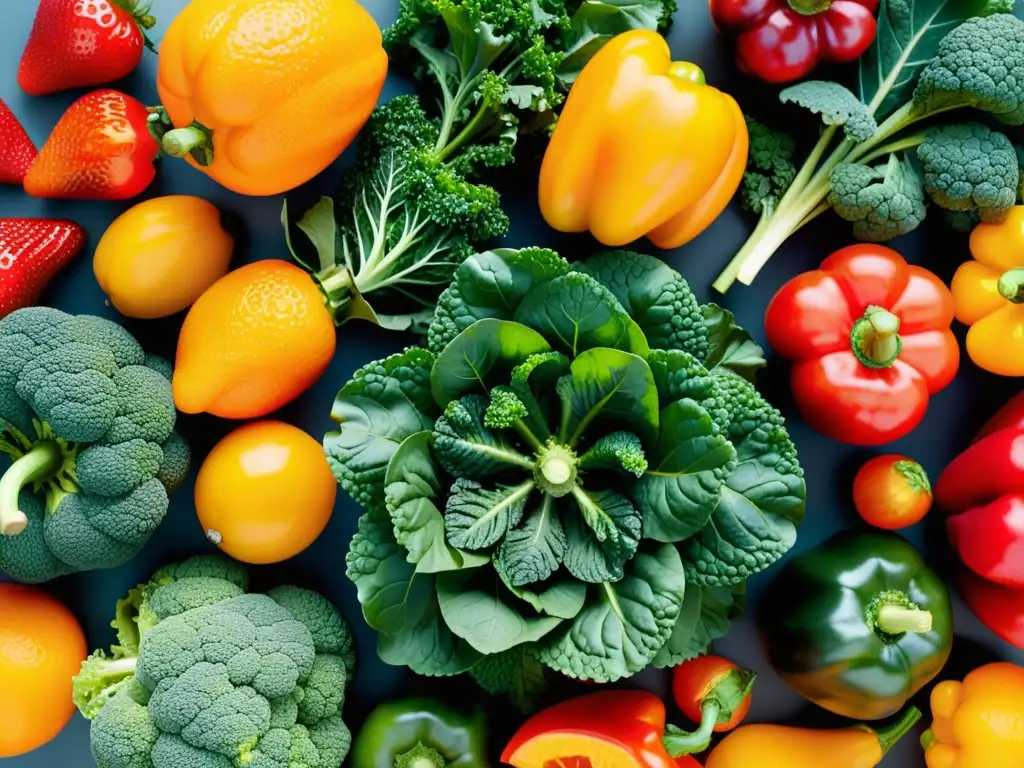 Una explosión de colores y vitalidad en frutas y verduras, resaltando la importancia de las vitaminas para el sistema inmunológico