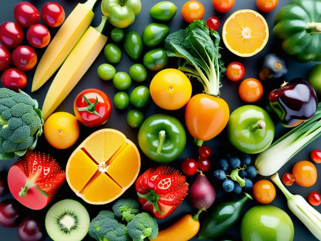 Patrón geométrico de frutas y verduras frescas Una exquisita y colorida composición de frutas y verduras frescas, con beneficios de prebióticos en inmunidad y diabetes