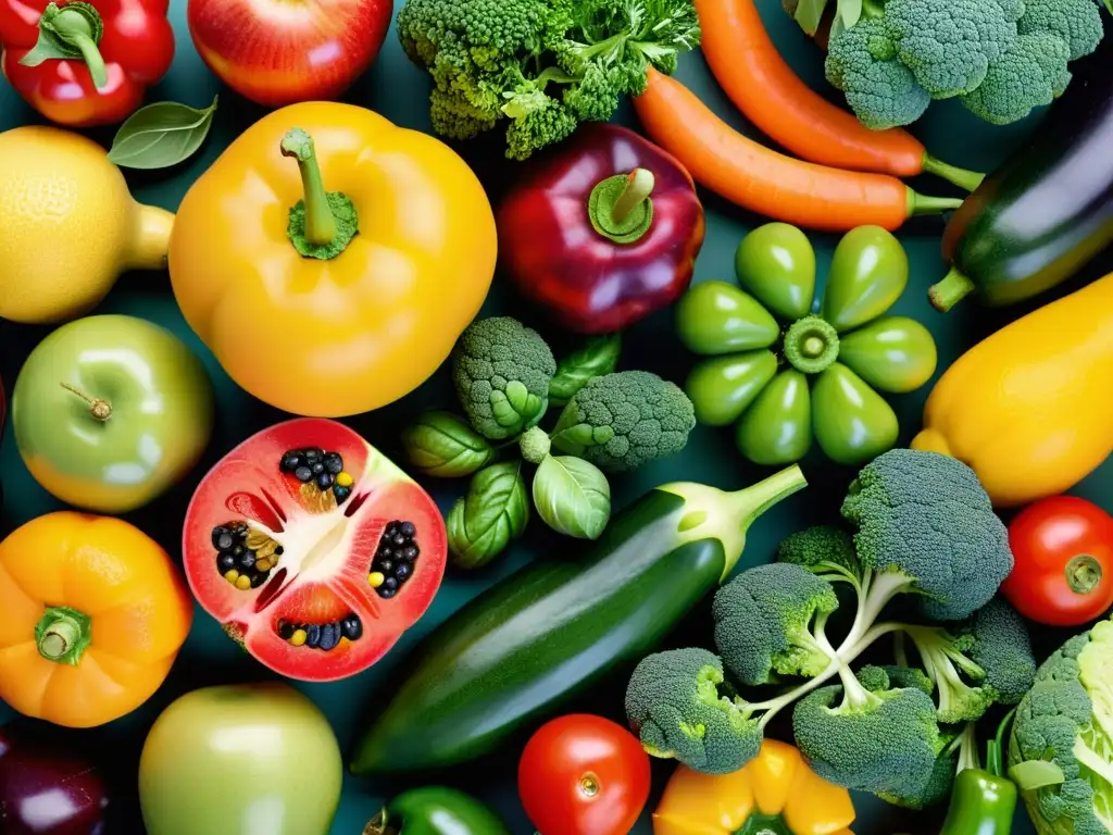 Una exquisita y colorida variedad de frutas y verduras frescas, transmitiendo frescura y abundancia