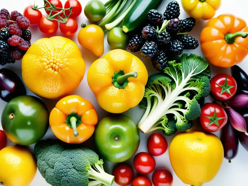 Delicioso estallido de frutas y verduras frescas Una exquisita y colorida variedad de frutas y verduras frescas, perfectamente dispuestas en una imagen vibrante y atractiva