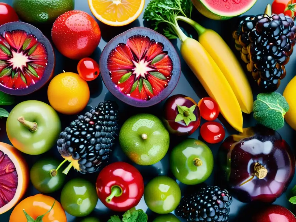 Exuberancia fresca: Detalle vibrante de frutas y verduras Una exquisita y colorida variedad de frutas y verduras con beneficios probióticos para sistema inmune, resaltando frescura y vitalidad