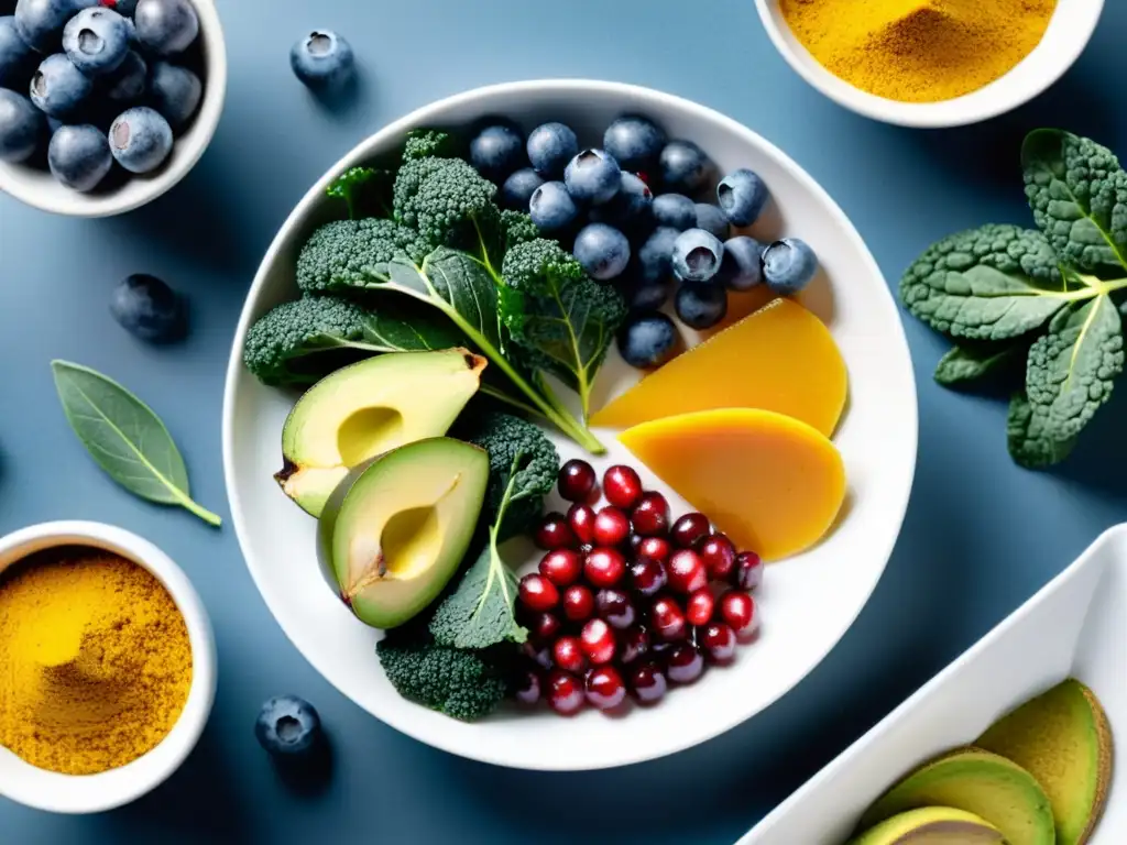 Una exquisita combinación de superalimentos vibrantes que fortalecen el sistema inmunológico, dispuestos artísticamente en un plato blanco