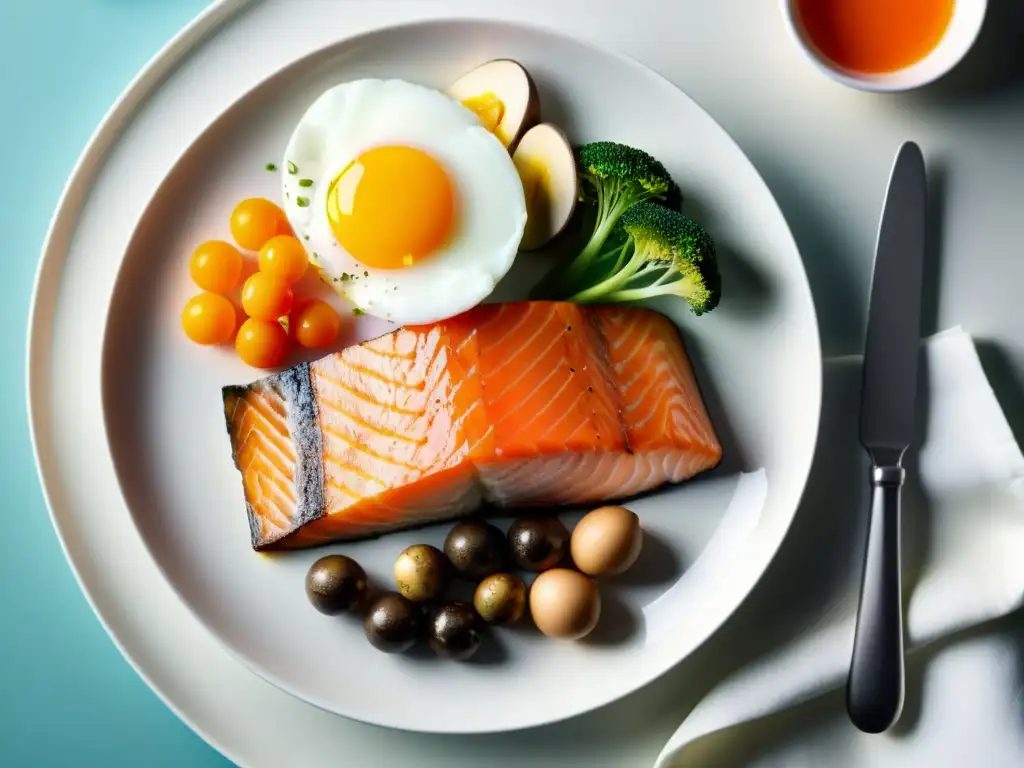 Plato de alimentos ricos en vitamina D: frescura y color Una exquisita composición de alimentos fortalecedores del sistema inmunológico, con salmón, huevos y hongos, destaca en un plato blanco
