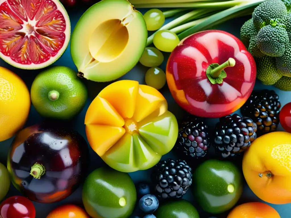 Una exquisita composición de frutas y verduras frescas, radiantes y organizadas