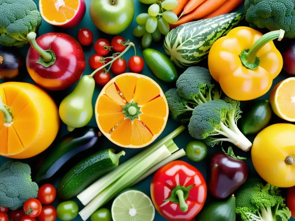 Exuberante exhibición de frutas y verduras frescas Una exquisita composición de frutas y verduras frescas, vibrantes y relucientes, que realza la abundancia y vitalidad de la naturaleza