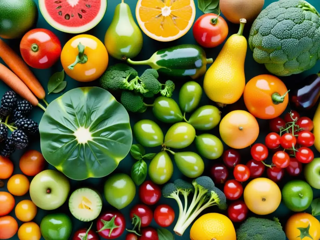 Una exquisita composición de frutas y verduras frescas, con colores vibrantes y detalles exquisitos