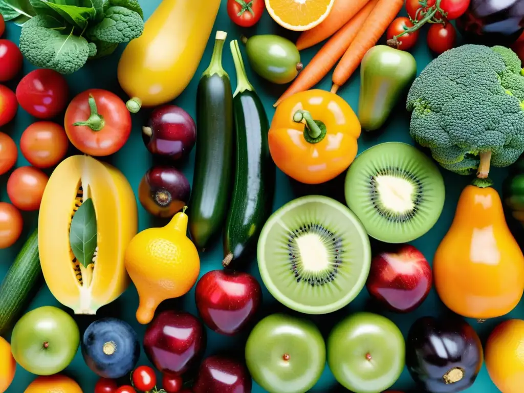 Exquisita exhibición de frutas y verduras: vibrante y fresca Una exquisita composición de frutas y verduras en un patrón moderno, irradiando frescura y vitalidad