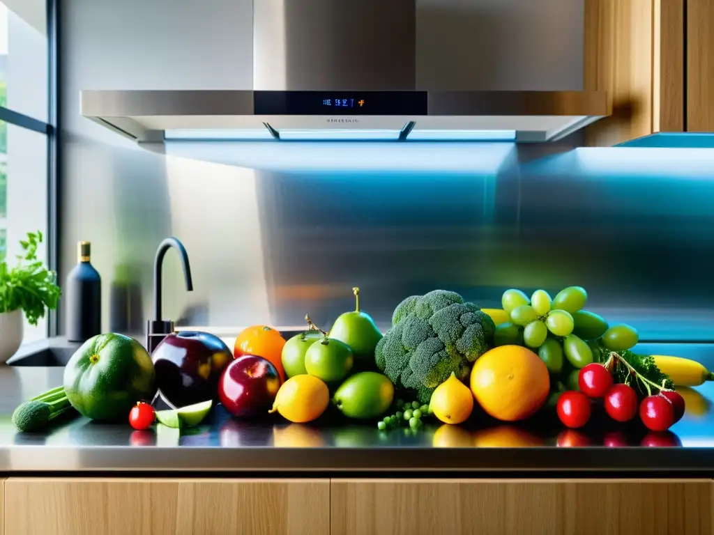 Una exquisita composición de frutas y verduras frescas en una moderna cocina, iluminada por luz natural