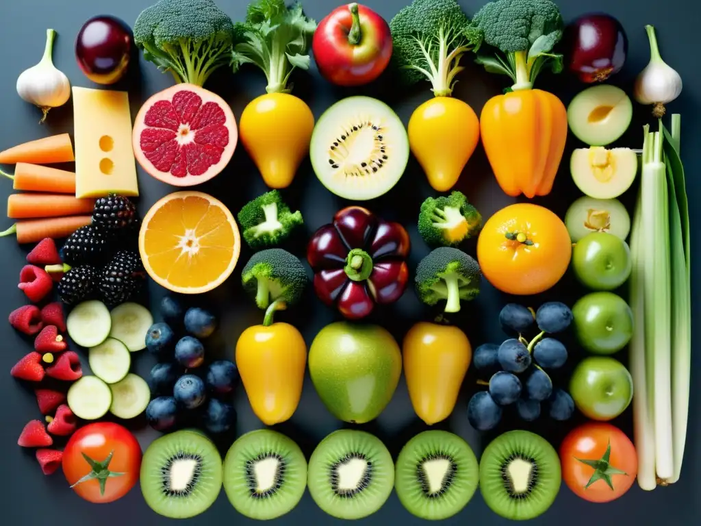 Arte culinario: Frutas y verduras vibrantes en detalle Una exquisita composición de frutas y verduras coloridas, perfectamente cortadas para revelar sus vibrantes interiores