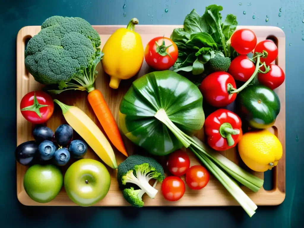 Deliciosos alimentos frescos y coloridos en tabla de cortar Una exquisita composición de frutas y verduras frescas, resalta su vitalidad y beneficios para el sistema inmunológico