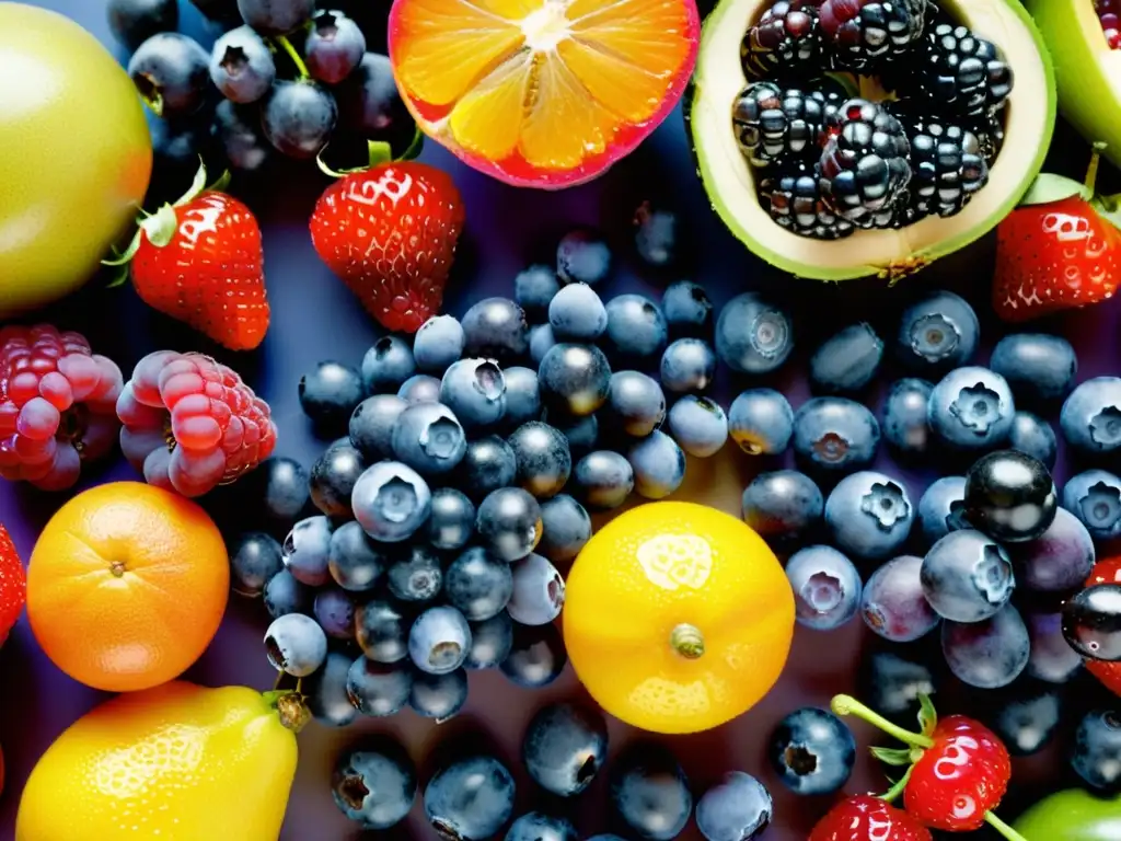 Arte vibrante: Frutas y verduras frescas con gotas de agua Una exquisita composición de frutas y verduras frescas, invitando a disfrutar de su nutrición para fortalecer el sistema inmunológico
