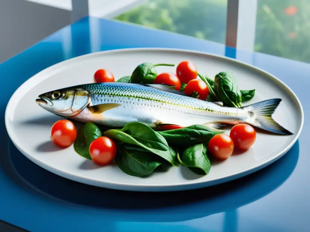Plato de vegetales y pescado Omega 3 vibrante y fresco Una exquisita composición de vegetales y pescados ricos en Omega 3, con colores vibrantes y frescura