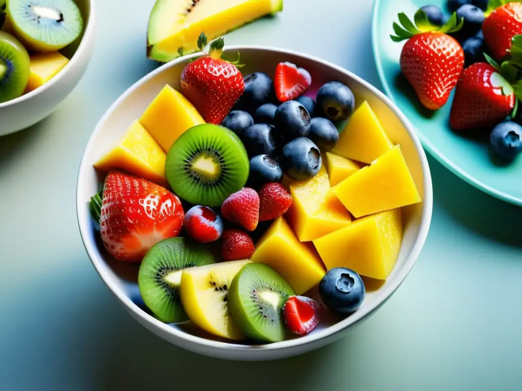 Deliciosa ensalada de frutas: frescura y color en un plato moderno Una exquisita ensalada de frutas frescas en un moderno recipiente, ideal para postres saludables sistema inmunológico