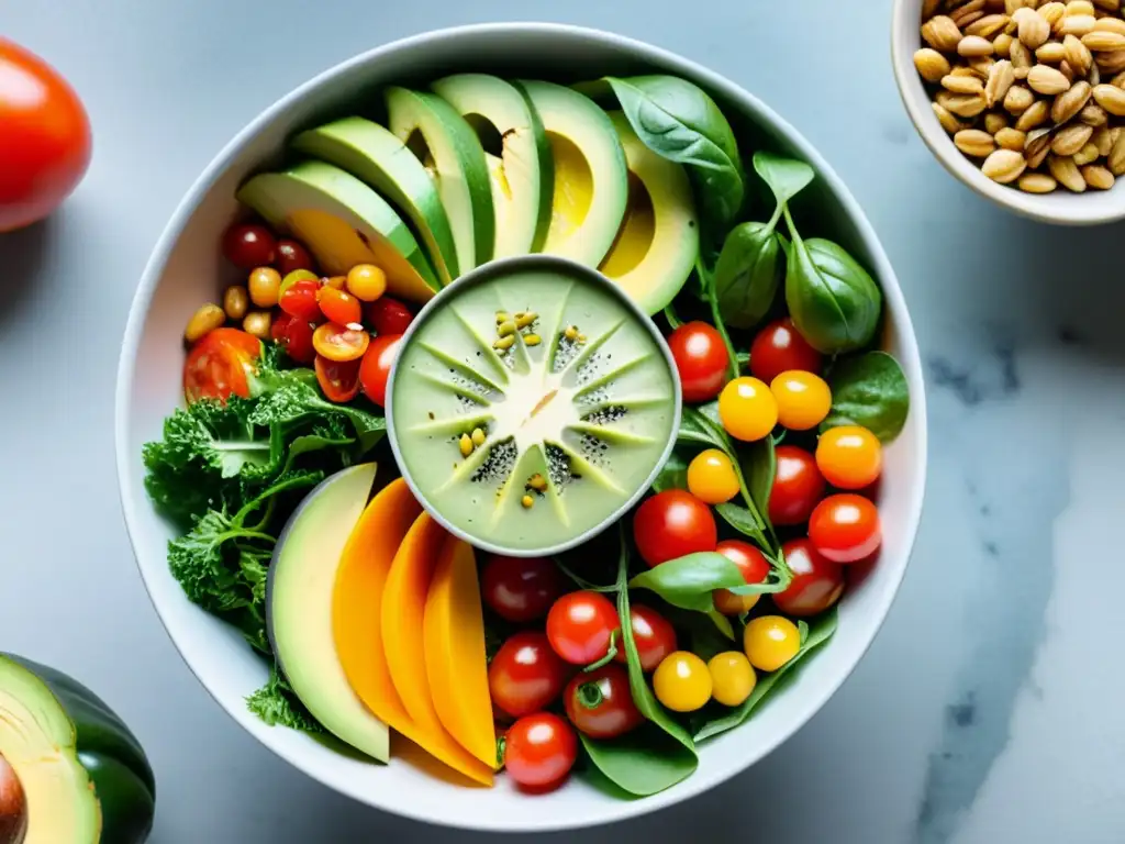 Ensalada vibrante llena de ingredientes saludables Una exquisita ensalada para fortalecer el sistema inmune, llena de ingredientes frescos y coloridos que resaltan su belleza y beneficios para la salud