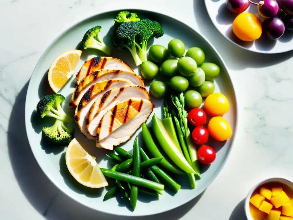 Deliciosa comida balanceada con pollo a la parrilla y vegetales frescos Una exquisita y equilibrada comida en un moderno plato sobre mármol, con alimentos vibrantes y suaves luces naturales