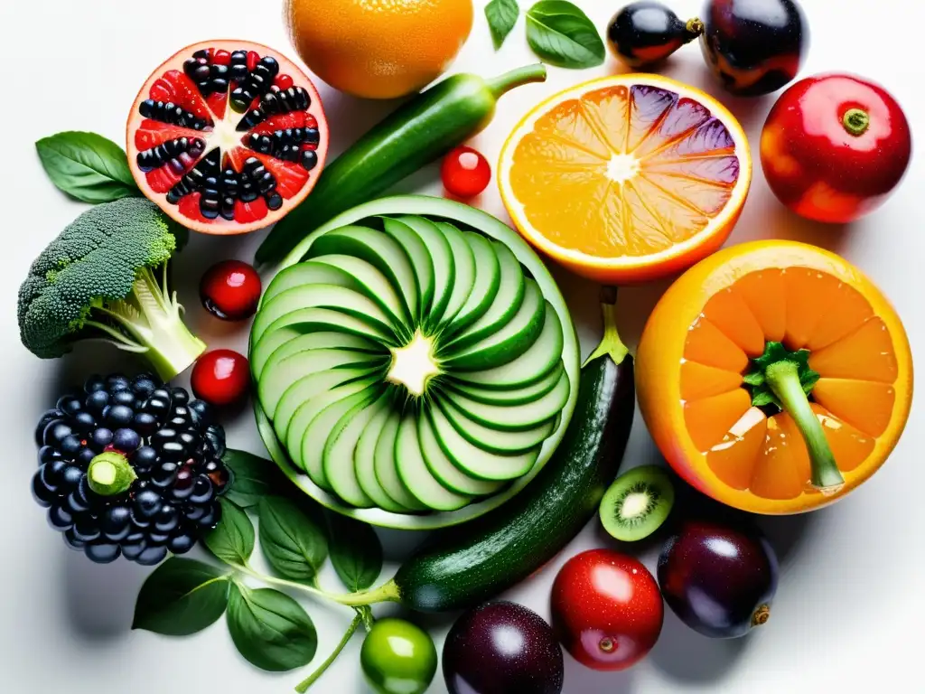Esencia Fresca: Frutas y Verduras en Espiral Una exquisita espiral de frutas y verduras coloridas con gotas de agua, que resaltan la frescura y vitalidad
