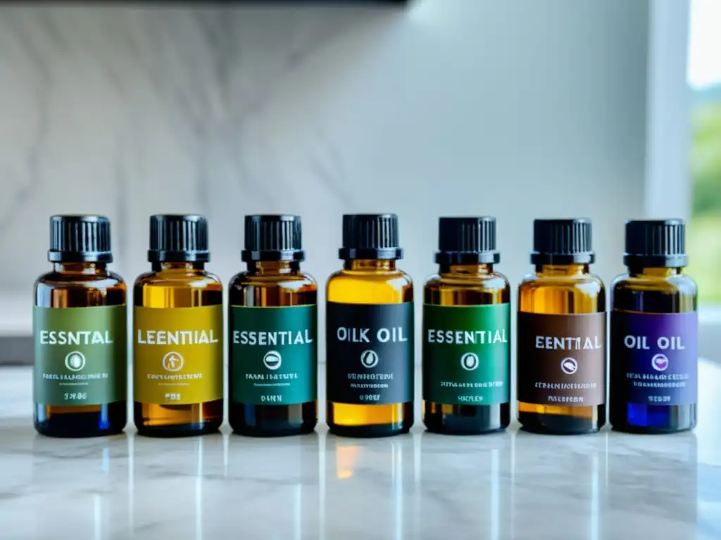 Esenciales: Elegantes aceites esenciales en botellas modernas Una exquisita exhibición de aceites esenciales en botellas de vidrio sobre una encimera de mármol, iluminada por la suave luz natural