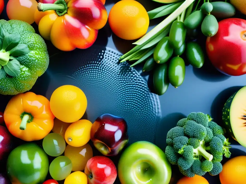 Exquisita variedad de frutas y verduras en encimera moderna Una exquisita exhibición de frutas y vegetales coloridos en un moderno mostrador de cocina, perfecta para reforzar el sistema inmunológico