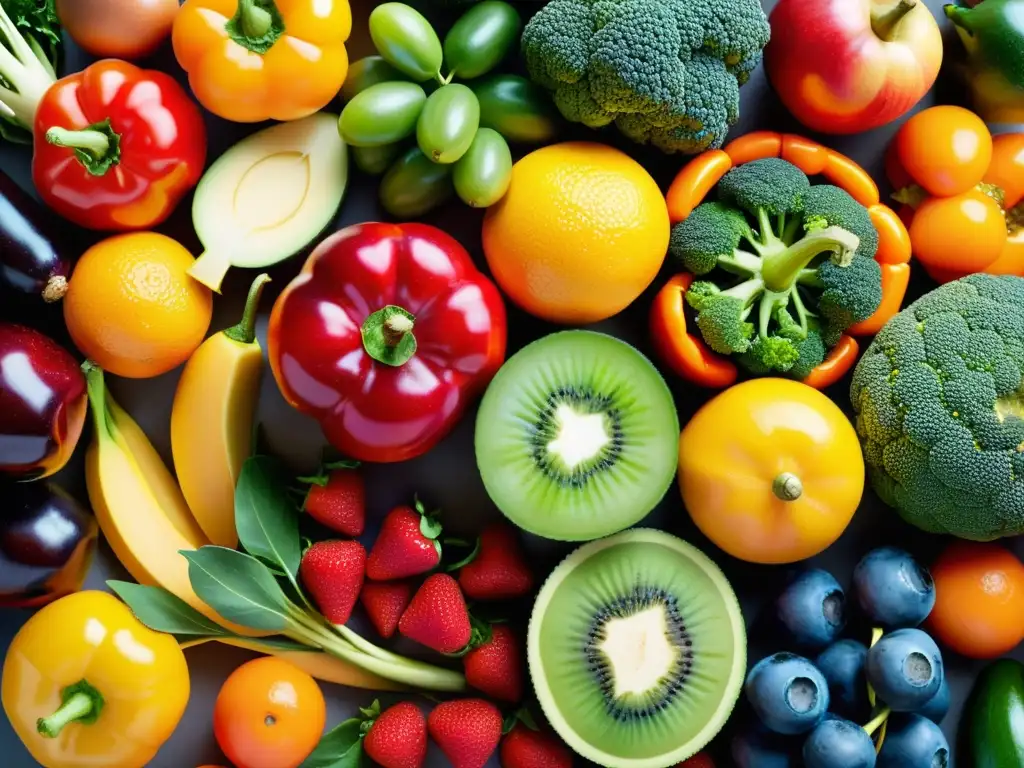 Deslumbrante exhibición de frutas y verduras frescas Una exquisita exhibición de frutas y verduras coloridas, destacando su belleza natural y texturas