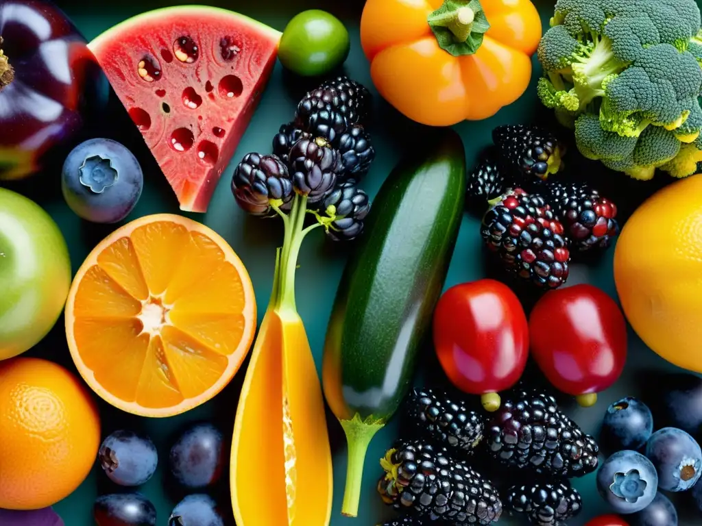 Exquisita variedad de frutas y verduras: coloridas, detalladas y tentadoras Una exquisita exhibición de frutas y verduras vibrantes, perfectamente maduras, para fortalecer el sistema inmunológico contra resfriados y gripe