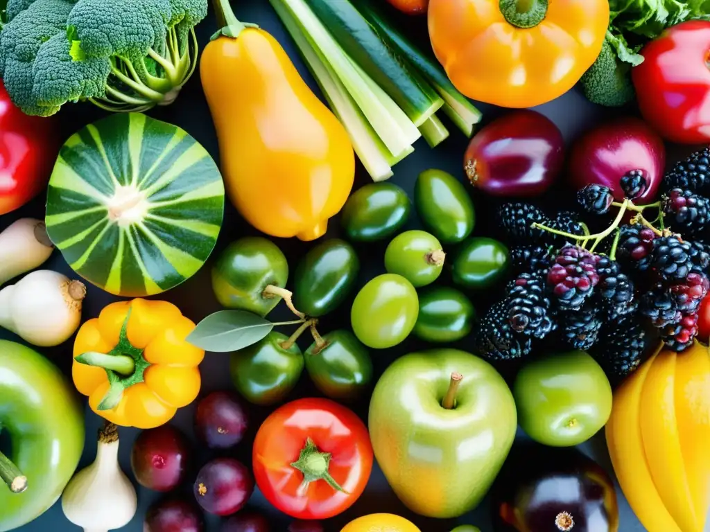 Exuberante exhibición de frutas y verduras frescas Una exquisita exhibición de frutas y verduras frescas y coloridas que evocan vitalidad y salud